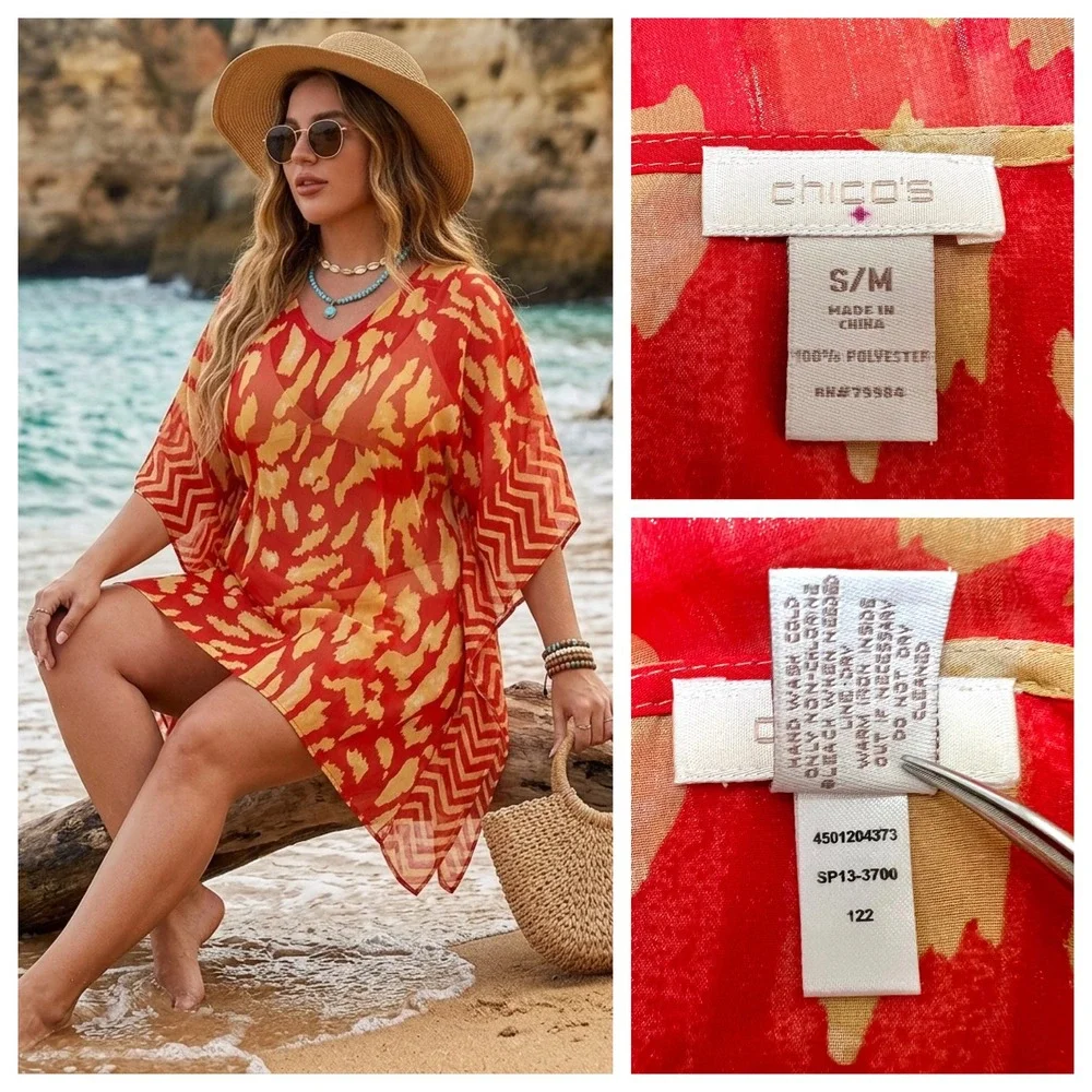 Chicos Red Abstract Animal Print Sheer Kaftan Swim Cover Up Boho Resortwear S/M